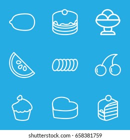 Dessert icons set. set of 9 dessert outline icons such as cherry, lemon, cake, piece of cake, heart cake, muffin, cookie, watermelon