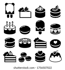 Dessert icons set - cake, macaroon, ice-cream, chocolate cake, cheesecake vector food icons. Vector icons set of sweets, pastry in black isolated on white 