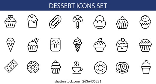 Dessert Icons Set – Cakes, Ice Cream, Donuts, Cafe, And More.