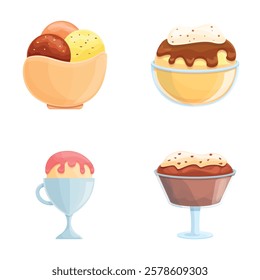 Dessert icons set cartoon vector. Ice cream in various flavor and topping. Sweet food