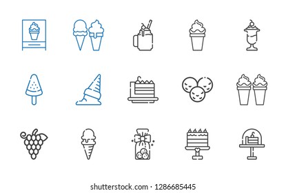 dessert icons set. Collection of dessert with cake, cookies, ice cream, grapes, cake slice, popsicle, smoothie. Editable and scalable dessert icons.