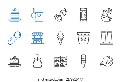 dessert icons set. Collection of dessert with cookie, popsicle, chocolate, ice cream, pancakes, cream, food stand, scoop, candy, strawberry. Editable and scalable dessert icons.