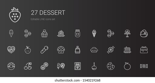 dessert icons set. Collection of dessert with cookie, caramelized apple, ice cream machine, sweets, biscuit, cherry, donut, candy, pie, ice cream. Editable and scalable dessert icons.