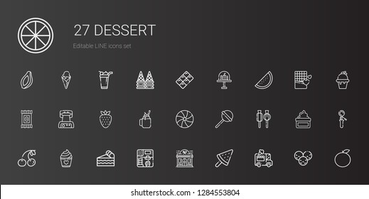 dessert icons set. Collection of dessert with ice cream car, ice cream, restaurant, piece of cake, cake, cherry, lollipop, candy, smoothie. Editable and scalable dessert icons.