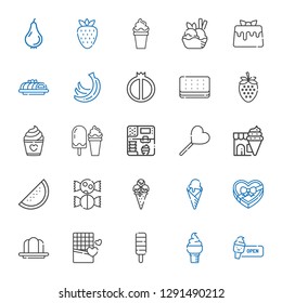 dessert icons set. Collection of dessert with ice cream, popsicle, chocolate, gelatine, chocolate box, sweet, watermelon, lollipop, cake. Editable and scalable dessert icons.