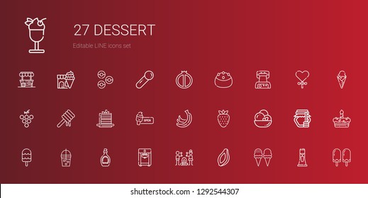 dessert icons set. Collection of dessert with ice cream, papaya, smore, ice cream machine, syrup, smoothie, strawberry, bananas, cake slice. Editable and scalable dessert icons.