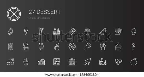 dessert icons set.\
Collection of dessert with ice cream car, ice cream, restaurant,\
piece of cake, cake, cherry, lollipop, candy, smoothie. Editable\
and scalable dessert\
icons.
