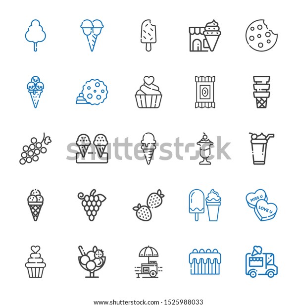 dessert\
icons set. Collection of dessert with ice cream car, cake, food\
stall, ice cream, cupcake, candy, strawberry, grapes, grape,\
cookie. Editable and scalable dessert\
icons.