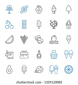 dessert icons set. Collection of dessert with orange, ice cream, cookie, banana, cupcake, syrup, caramel, candy, apple, grapes, watermelon. Editable and scalable dessert icons.