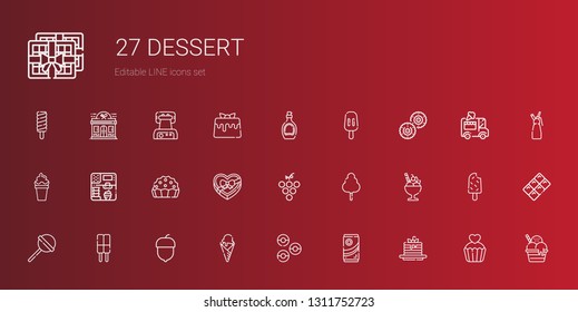 dessert icons set. Collection of dessert with pancakes, chocolate, donuts, ice cream, hazelnut, lollipop, cotton candy, grape, chocolate box. Editable and scalable dessert icons.