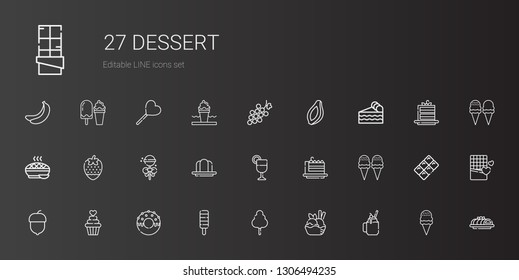 dessert icons set. Collection of dessert with smoothie, ice cream, cotton candy, popsicle, donut, cupcake, hazelnut, cake slice, juice, gelatine. Editable and scalable dessert icons.