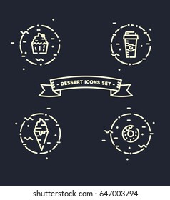 Dessert Icons Set.   Line Art Style.  Ice Cream, Cupcake, Donut, Coffee. Concept For Cafe, Confectionery.