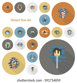 Dessert Icons in Simple, Minimalistic and Modern Flat Design Style for Candy Shop. Clean Work, Vector. Retro Color. Long Shadow