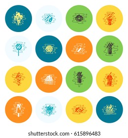 Dessert Icons in Simple, Minimalistic and Modern Flat Design Style for Candy Shop. Clean Work. Vector. Colorful