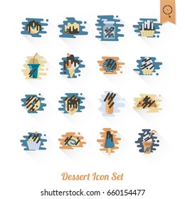 Dessert Icons in Simple, Minimalistic and Modern Flat Design Style for Candy Shop. Clean Work, Vector. Retro Color. Long Shadow