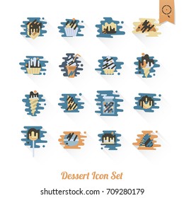 Dessert Icons in Simple, Minimalistic and Modern Flat Design Style for Candy Shop. Clean Work, Vector. Retro Color. Long Shadow