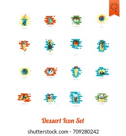 Dessert Icons in Simple, Minimalistic and Modern Flat Design Style for Candy Shop. Clean Work. Vector. Colorful