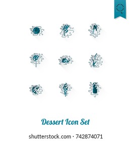 Dessert Icons in Simple, Minimalistic and Modern Flat Design Style for Candy Shop. Clean Work, Vector. Monochrome color. Long Shadow