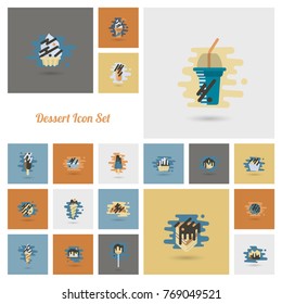 Dessert Icons in Simple, Minimalistic and Modern Flat Design Style for Candy Shop. Clean Work, Vector. Retro Color