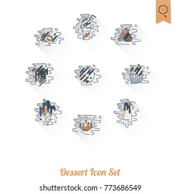 Dessert Icons in Simple, Minimalistic and Modern Flat Design Style for Candy Shop. Clean Work, Vector. Retro Color