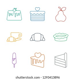 dessert icons. Trendy 9 dessert icons. Contain icons such as cake, cake slice, ice cream on stick, pie, croissant, coffee and croissant, pear. dessert icon for web and mobile.