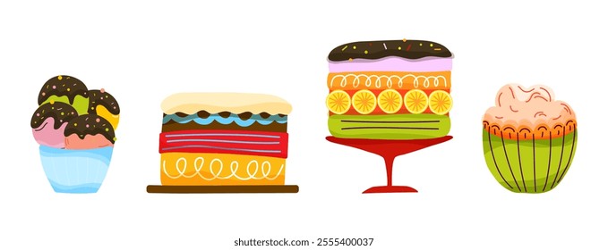 Dessert illustration features cakes, ice cream, and cupcakes. Elements for menu designs, invitations, recipe cards, or any project celebrating sweet treats