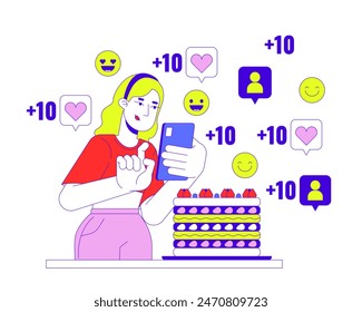 Dessert influencer woman 2D linear illustration concept. Blonde female taking photo of cake cartoon character isolated on white. Social media popularity metaphor abstract flat vector outline graphic