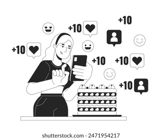 Dessert influencer woman black and white 2D illustration concept. Blonde female taking photo of cake cartoon outline character isolated on white. Social media popularity metaphor monochrome vector art