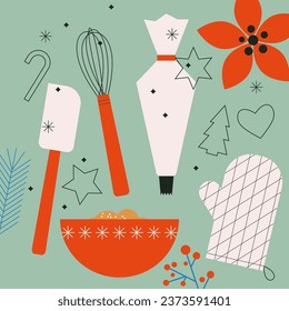 Dessert ingredients and utensils on blue pastel background. Baking Christmas gingerbread cookies. Flat vector illustration isolated. Trendy abstract style. Festive food, family culinary, baking.