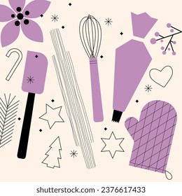 Dessert ingredients and utensils on pastel background. Baking Christmas gingerbread cookies. Flat vector illustration isolated. Trendy abstract style. Festive food, family culinary, holiday baking.