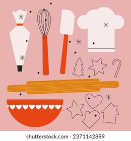 Dessert ingredients and utensils on pink pastel background. Baking Christmas gingerbread cookies. Flat vector illustration isolated. Trendy abstract style. Festive food, family culinary, baking.