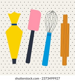 Dessert ingredients and utensils on polka dot background. Top view. Set of kitchen tools. Pastry bag, icing. Spatula. Whisk. Rolling pin. Abstract cooking and baking elements. Flat vector illustration