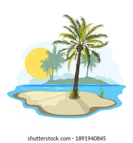 Dessert island, dreamy land, exotic paradise, oasis for body and soul. Vector blooming palm tree, burning sun, ocean, summer vacation design isolated on white background