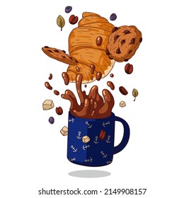 A dessert, isolated vector illustration. A picture of delicious croissant, chocolate chip cookies and splashing coffee mug in motion. A cafe logo, coffee shop signboard, menu page, ad banner design