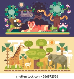 Dessert and Jungle African animals: Tiger, Toucan Bird, Sloth bear, boa snake, giraffe, antelope, elephant. Day and night summer landscape flat vector illustrations. 