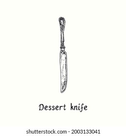 Dessert knife with retro style decor. Ink black and white drawing  woodcut vintage style  illustration