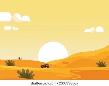 Dessert Landscape with Camels and Cars Vector Illsutration  