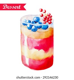 Dessert layered watercolor. Blueberries with cranberries. Vector illustration. Illustration for cooking site, menus, books.

