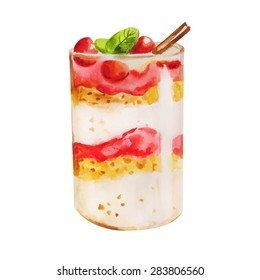 Dessert layered watercolor. Cherry with cream and syrup with chocolate chips. Vector illustration. Can be used for  menu, banner, cards, invitations etc. Hand drawn
