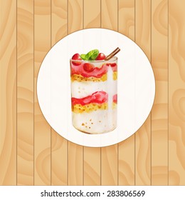  Dessert layered watercolor. Cherry with cream and syrup with chocolate chips.  Card on wooden texture. Vector illustration. Hand drawn. Can be used for menu, banner, cards, invitations etc. 