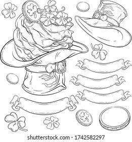 Dessert in Leprechaun Hat with coins, clovers, isolated hat and colorful ribbons vector line-art set. Saint Patrick's Day design. Irish festival design. For web and graphic design, menu, covers.