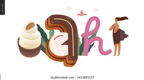Dessert lettering - Ah - modern flat vector concept digital illustration of temptation font, sweet lettering and girls. Caramel, toffee, biscuit, waffle, cookie, cream and chocolate letters
