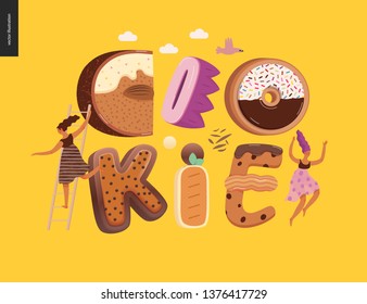 Dessert lettering - Cookie - modern flat vector concept digital illustration of temptation font, sweet lettering and girls. Caramel, toffee, biscuit, waffle, cookie, cream and chocolate letters