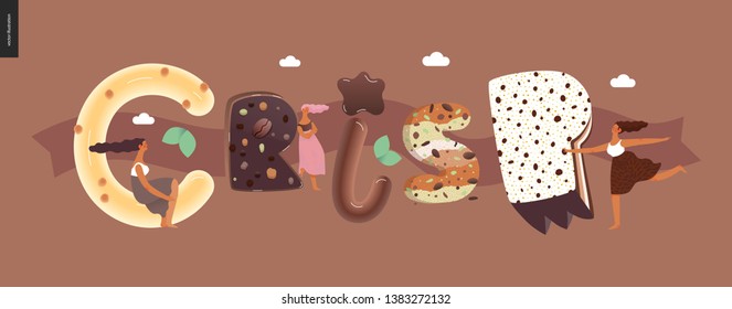 Dessert lettering - Crisp - modern flat vector concept digital illustration of temptation font, sweet lettering and girls. Caramel, toffee, biscuit, waffle, cookie, cream and chocolate letters