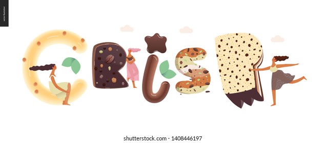 Dessert lettering - Crisp - modern flat vector concept digital illustration of temptation font, sweet lettering and girls. Caramel, toffee, biscuit, waffle, cookie, cream and chocolate letters