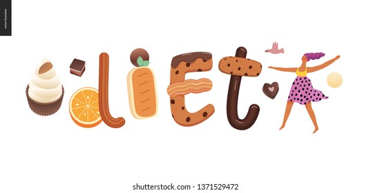 Dessert lettering - Diet - modern flat vector concept digital illustration of temptation font, sweet lettering and girls. Caramel, toffee, biscuit, waffle, cookie, cream and chocolate letters