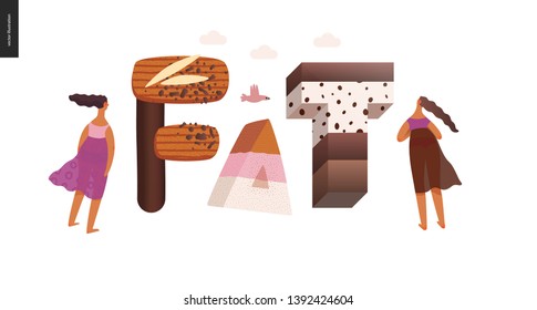 Dessert lettering - Fat - modern flat vector concept digital illustration of temptation font, sweet lettering and girls. Caramel, toffee, biscuit, waffle, cookie, cream and chocolate letters