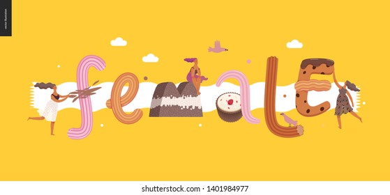 Dessert lettering - Female - modern flat vector concept digital illustration of temptation font, sweet lettering and girls. Caramel, toffee, biscuit, waffle, cookie, cream and chocolate letters