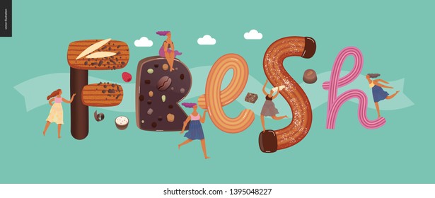 Dessert lettering - Fresh - modern flat vector concept digital illustration of temptation font, sweet lettering and girls. Caramel, toffee, biscuit, waffle, cookie, cream and chocolate letters