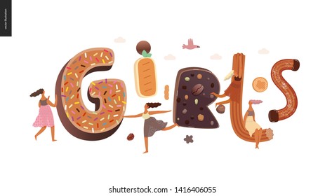 Dessert lettering - Girls - modern flat vector concept digital illustration of temptation font, sweet lettering and girls. Caramel, toffee, biscuit, waffle, cookie, cream and chocolate letters